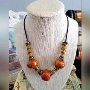 Amber Earth Tone Artisan Beaded Necklace Ceramic Metal Glass on Cord 17 in
